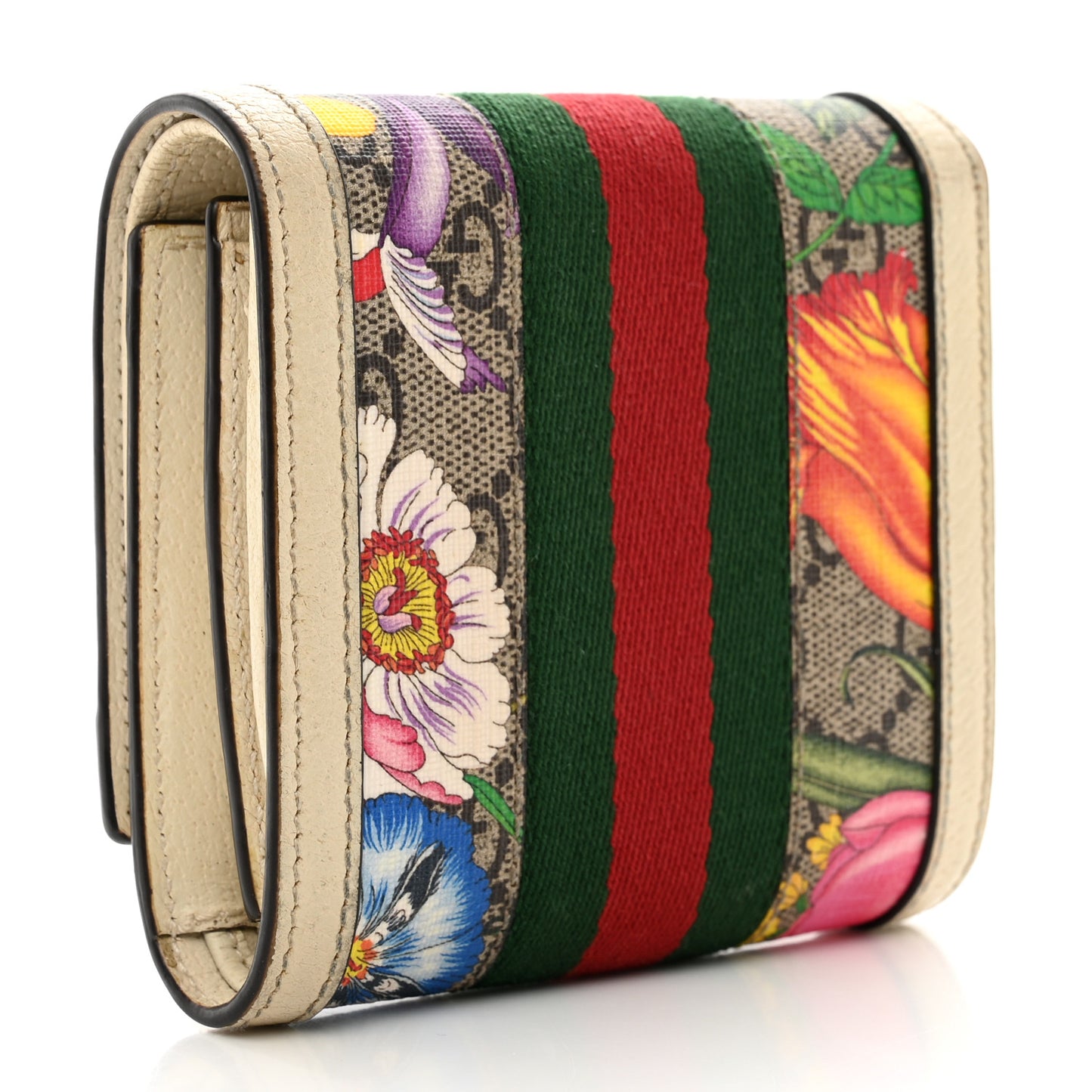 GG Supreme Monogram Flora Textured Calfskin Web Ophidia Card Case Wallet Beige Ebony Multicolor Mystic White