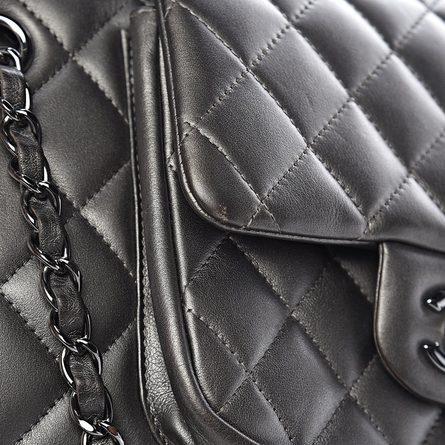 Metallic Calfskin Quilted Flap Tote Dark Silver
