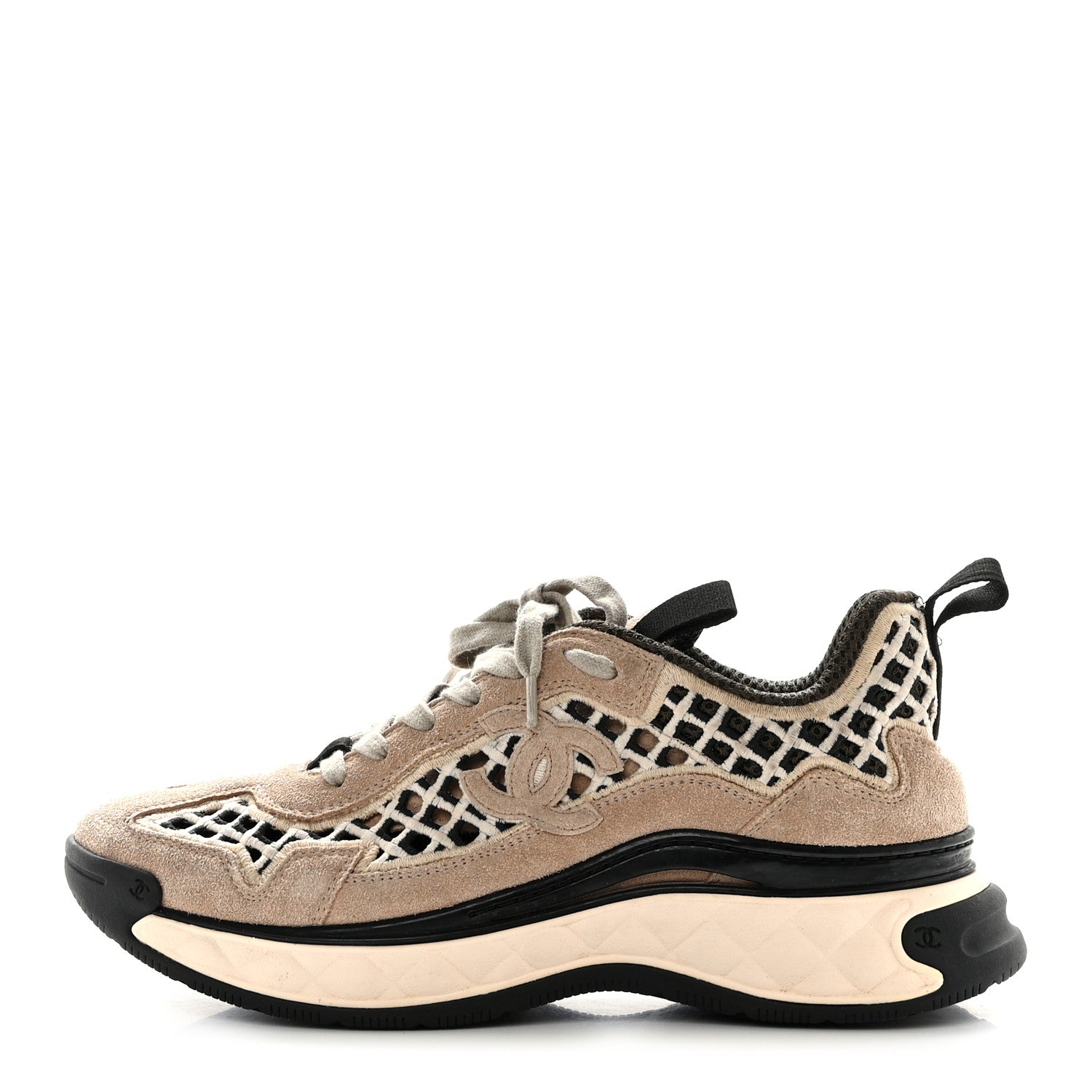 Chanel Suede Calfskin Embroidered CC Sneakers 38.5 Beige Black 1 of 11