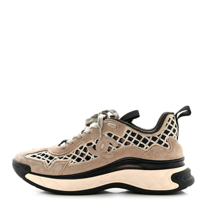 Chanel Suede Calfskin Embroidered CC Sneakers 38.5 Beige Black 1 of 11