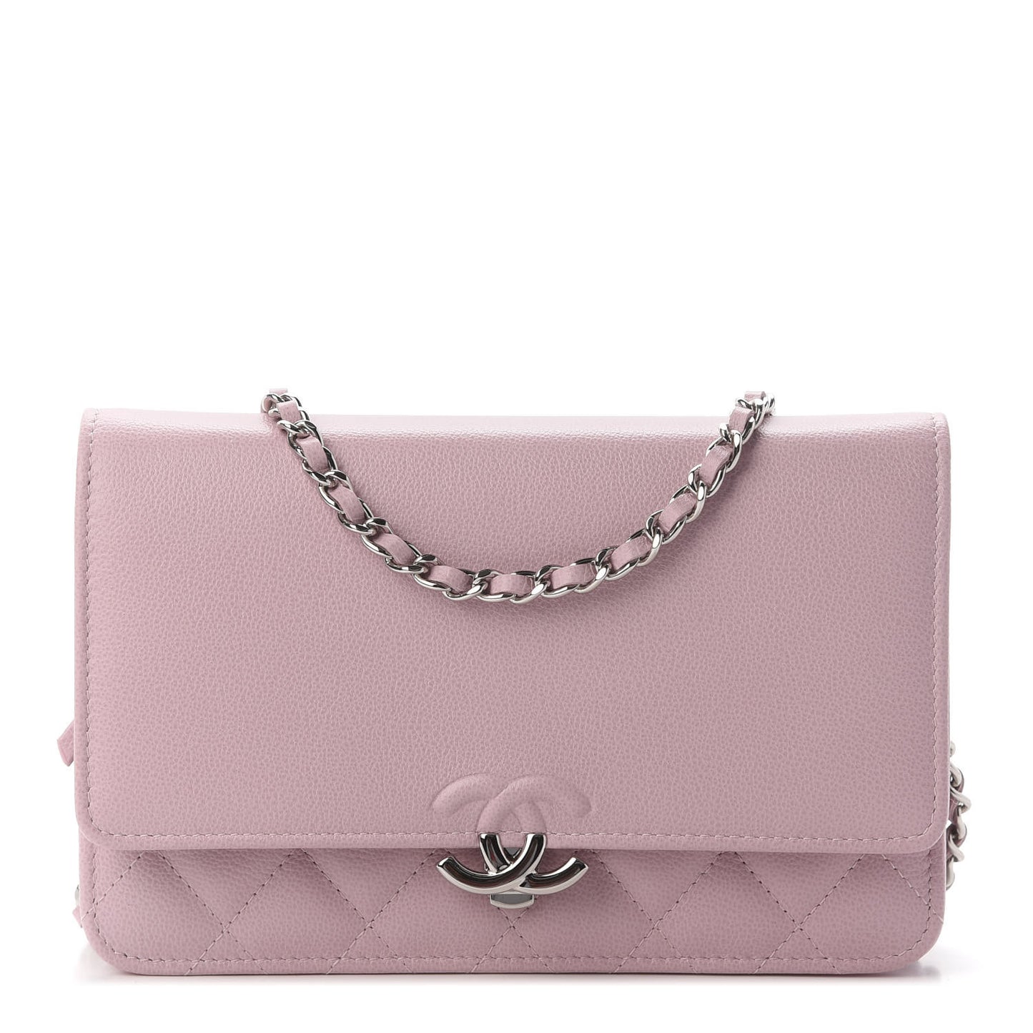 Grained Calfskin Quilted CC Box Wallet On Chain WOC Light Pink