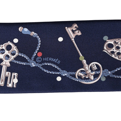 Hermes Silk Metallic Agneau Les Cles A Pois Fringed Twilly Bleu Marine Gris Argent Multicolor 3 of 4