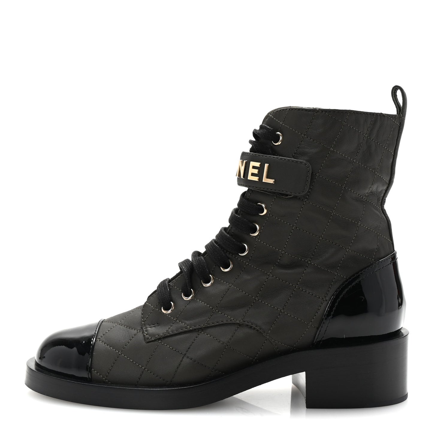 Lambskin Patent Calfskin Quilted Logo Lace Up Combat Boots 39 Dark Brown Black