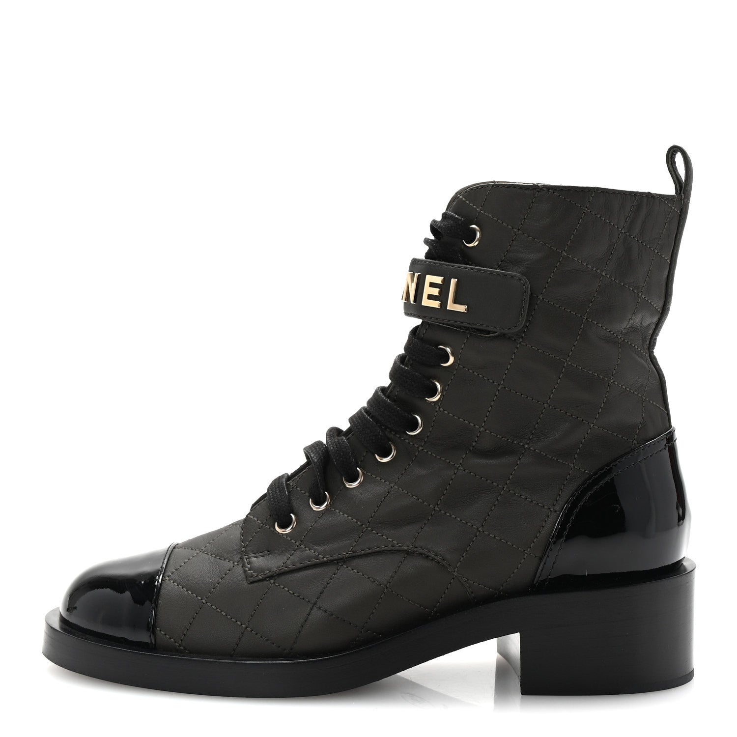 Chanel Lambskin Patent Calfskin Quilted Logo Lace Up Combat Boots 39 Dark Brown Black 1 of 10