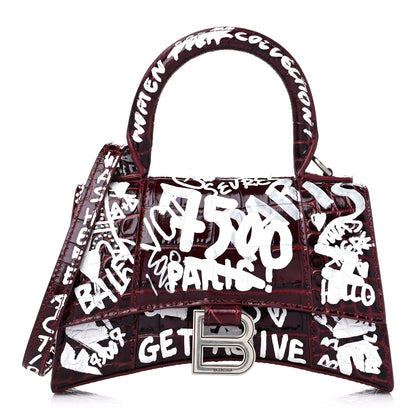 Balenciaga Calfskin Graffiti Crocodile Embossed Hourglass Top Handle Bag XS Dark Red White 1 of 10