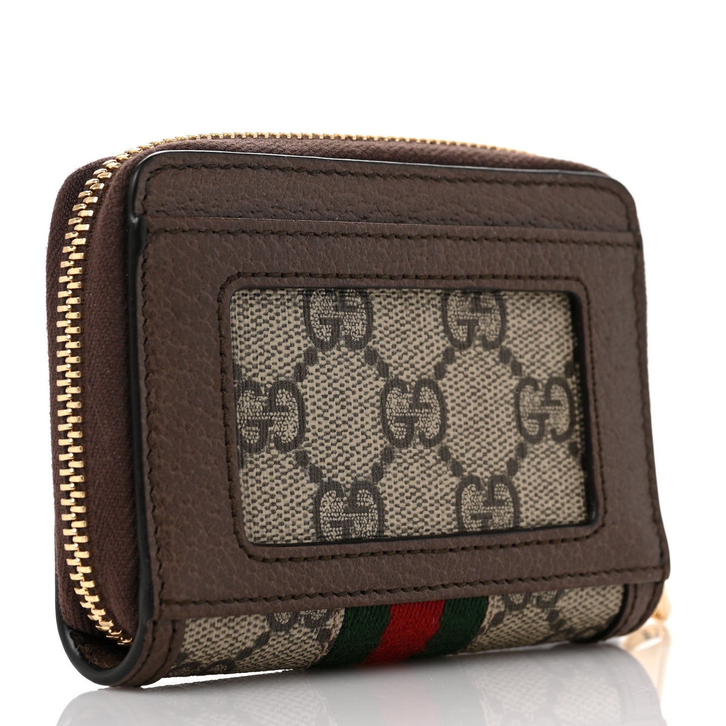 GG Supreme Monogram Textured Dollar Calfskin Web Ophidia Zip Around Card Case Wallet Beige Ebony New Acero