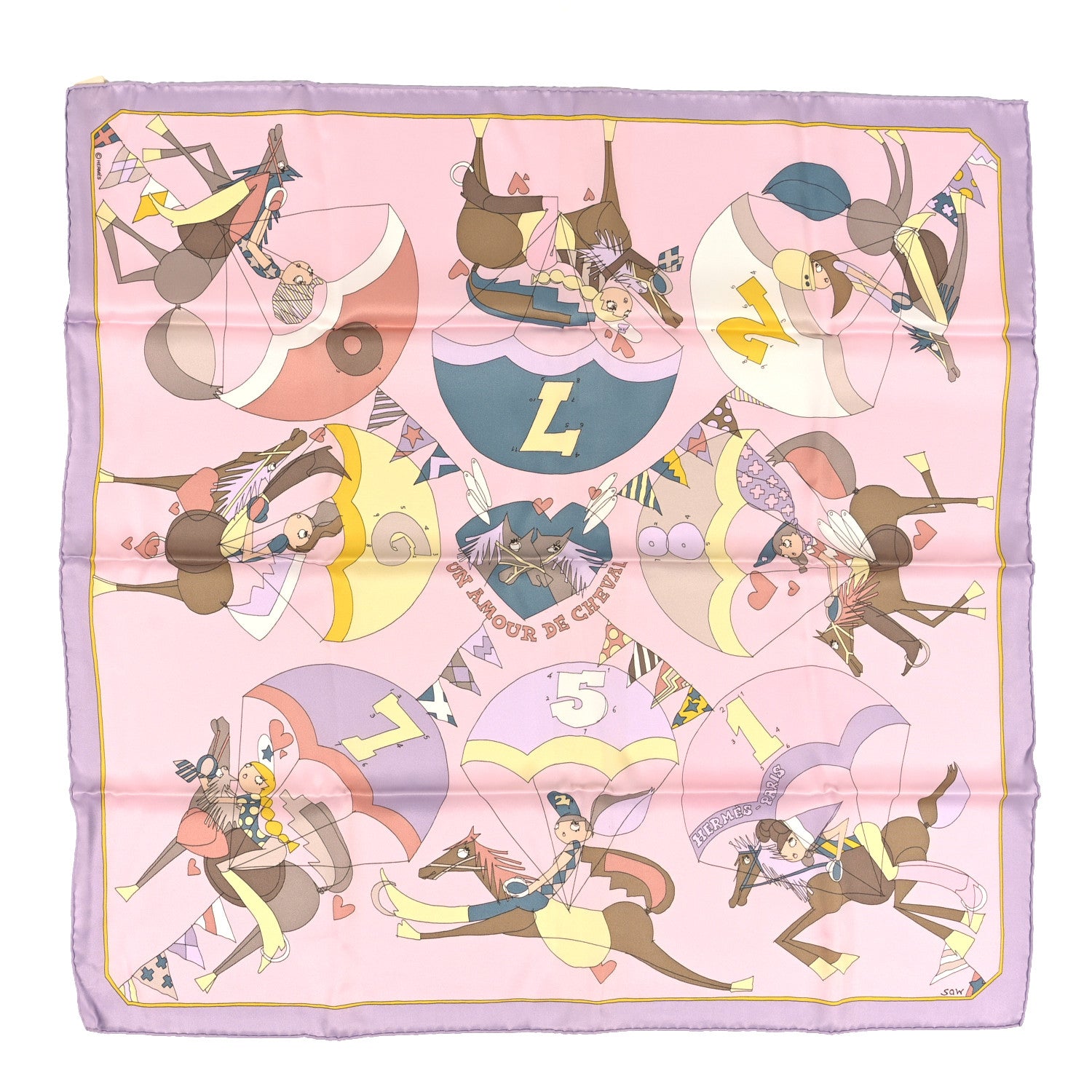 Hermes Silk Vintage Un Amour de Cheval Scarf 70 Lilas Rose Pale Jaune Pale 1 of 4