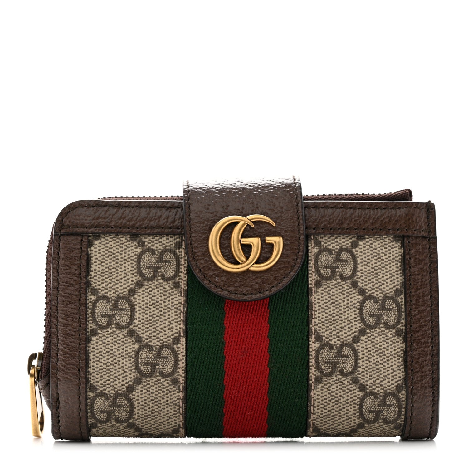 Gucci GG Supreme Monogram Textured Dollar Calfskin Web Ophidia Overlay Zip Around Card Case Wallet Beige Ebony New Acero 1 of 9