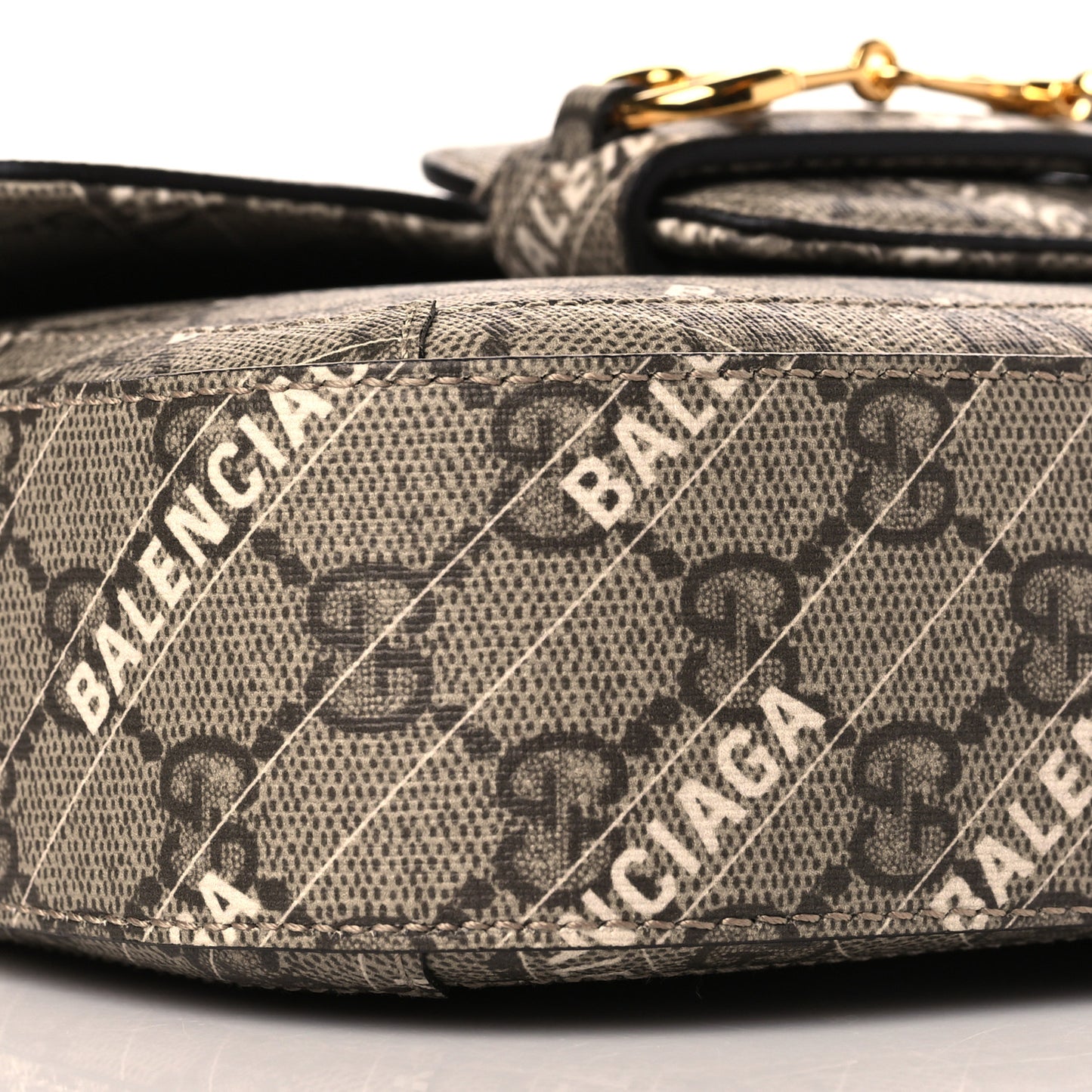 X BALENCIAGA GG Supreme Monogram Web Logo Print Mini Horsebit 1955 Shoulder Bag Beige Ebony