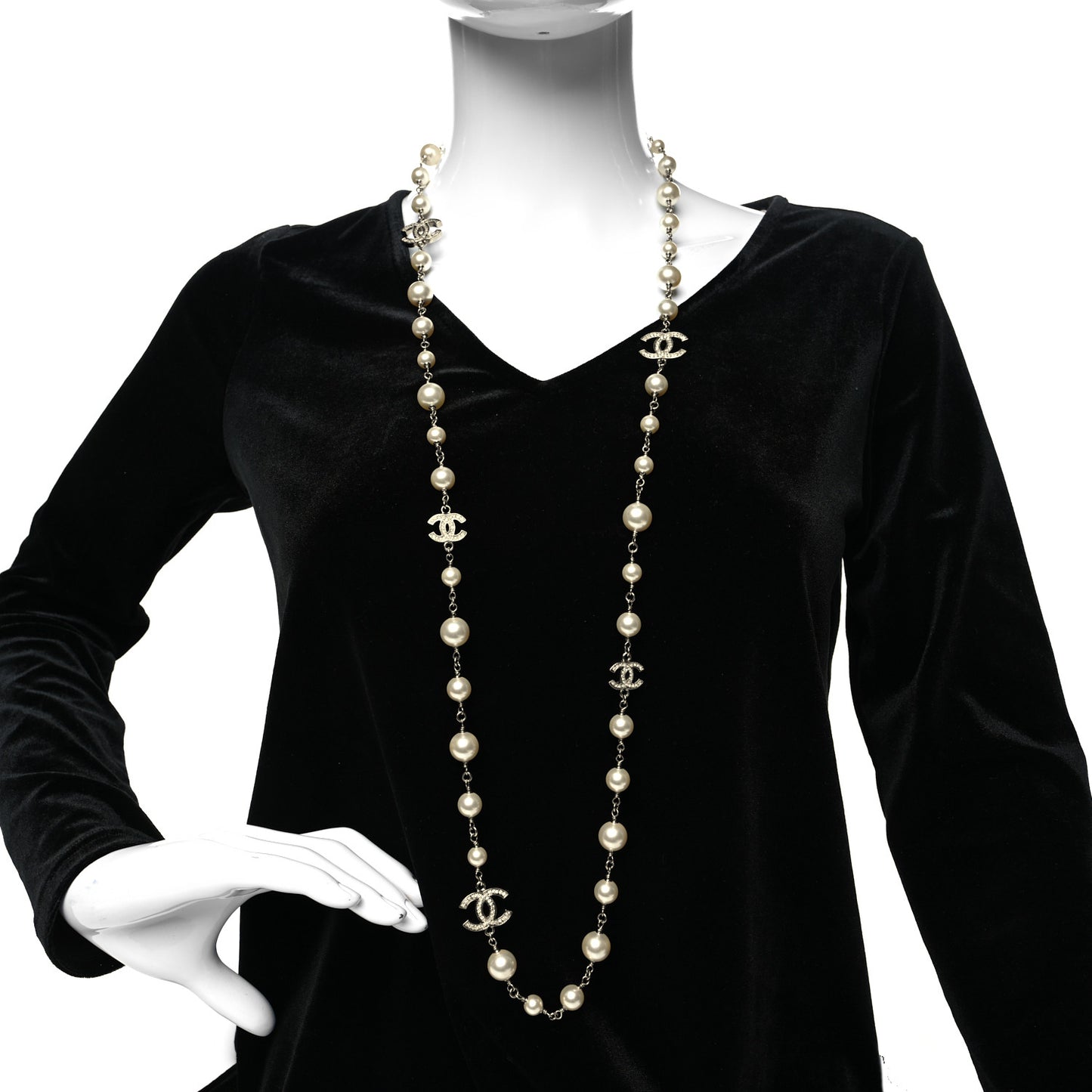 Graduated Pearl Crystal CC Long Necklace Silver