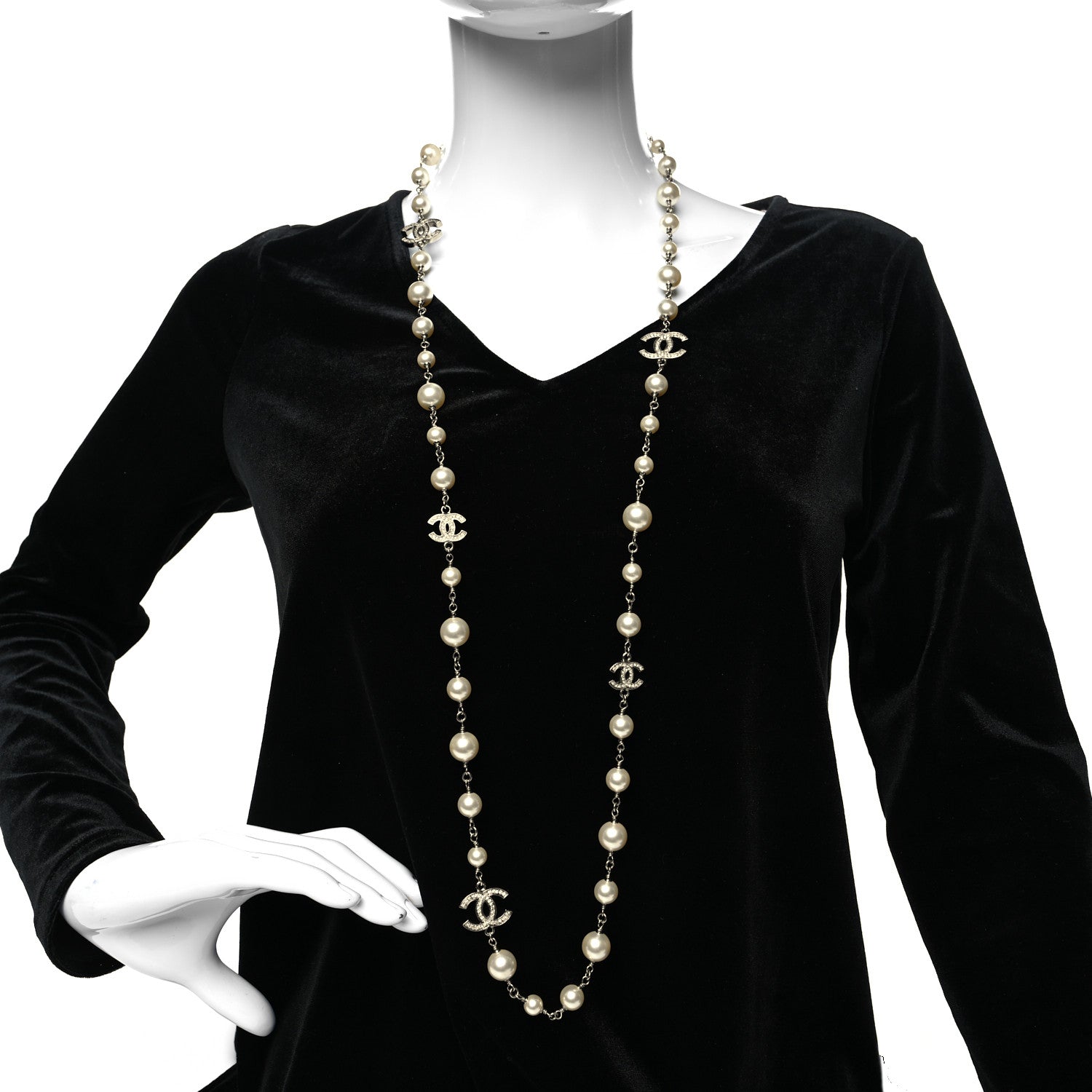 Chanel Graduated Pearl Crystal CC Long Necklace Silver 2 of 5
