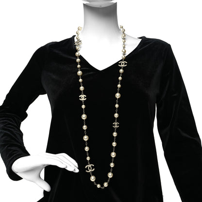 Chanel Graduated Pearl Crystal CC Long Necklace Silver 2 of 5
