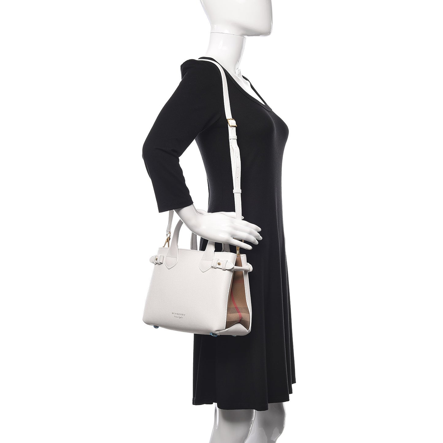 Grainy Calfskin House Check Small Banner Tote Chalk White