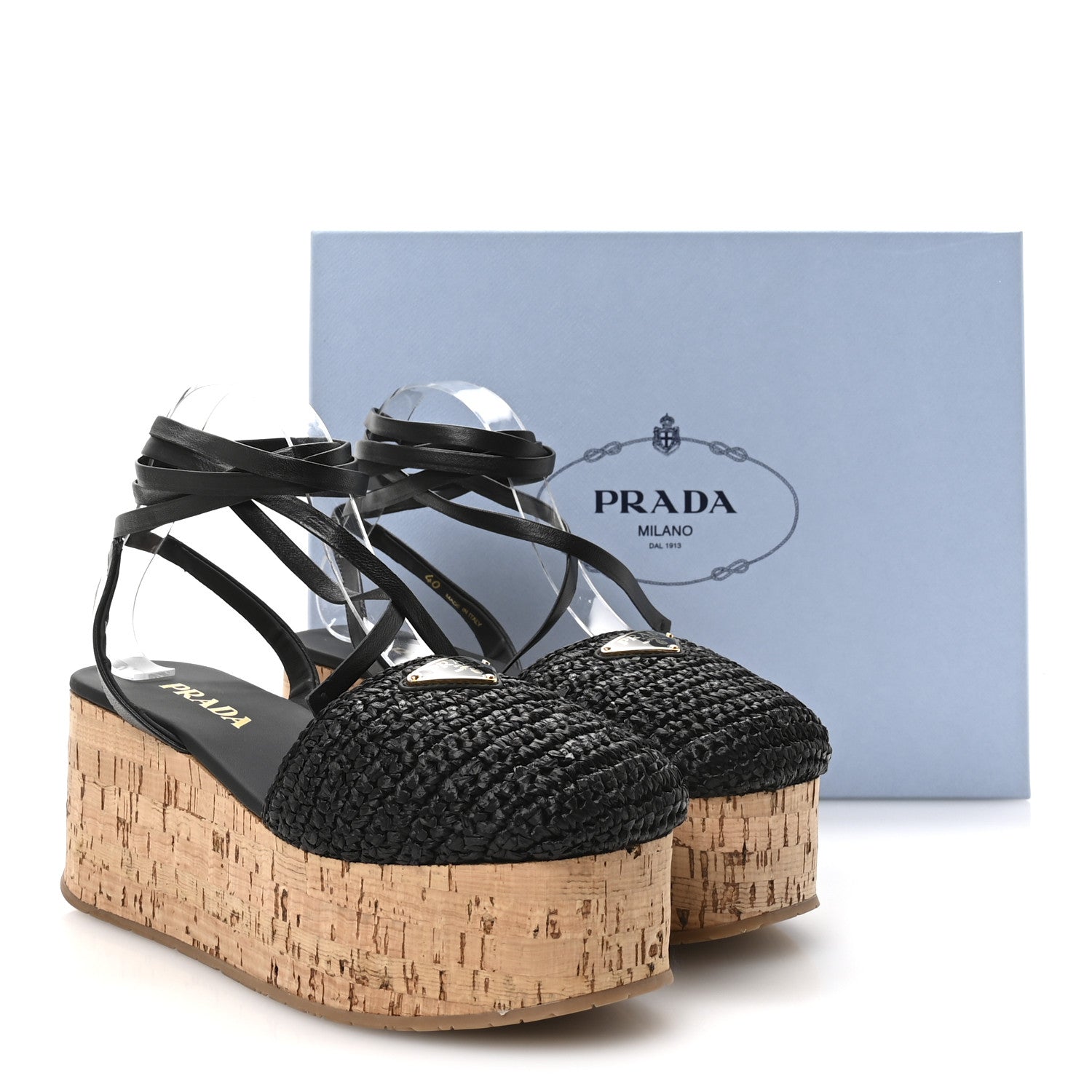 Prada Raffia Cork Triangle Crochet Ankle Strap Platform 75mm Sandals 40 Black 8 of 8