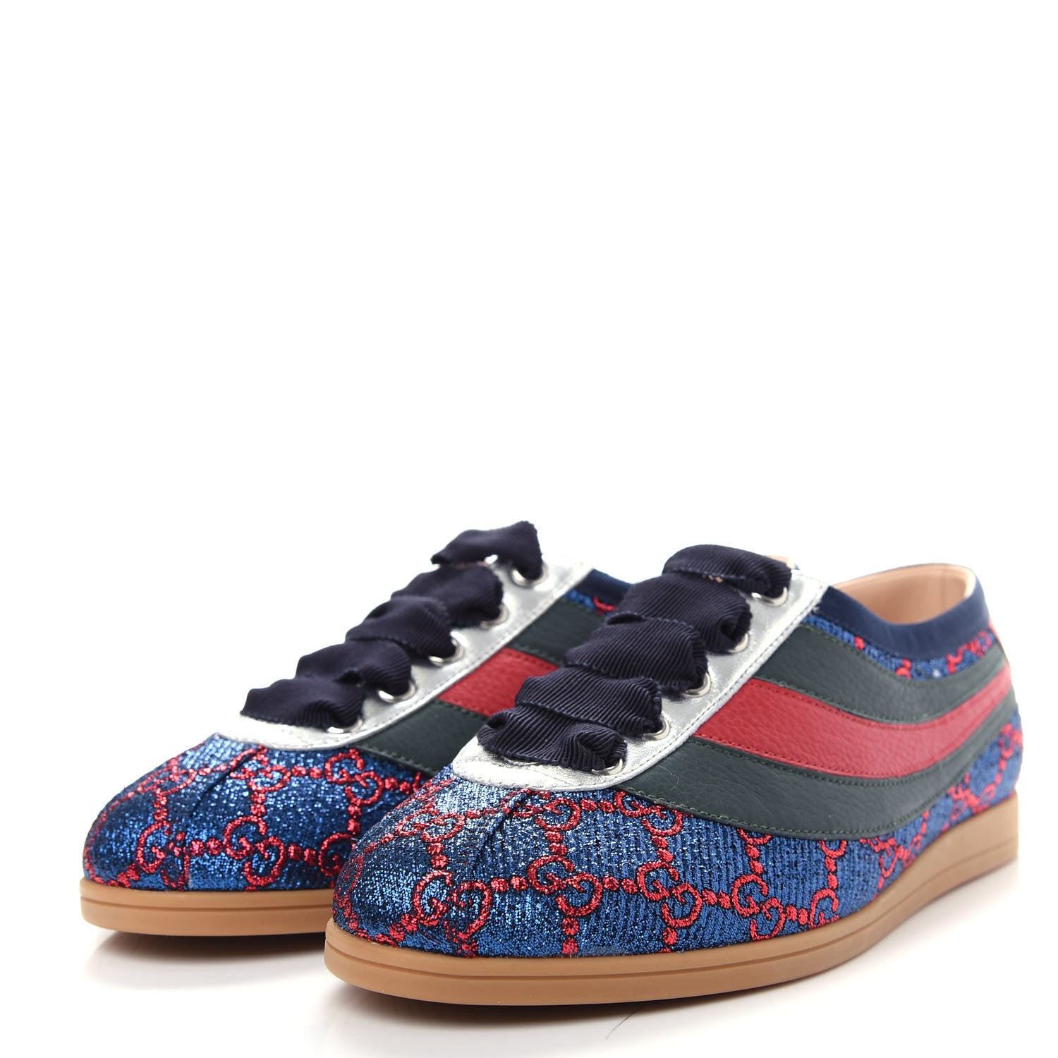 Gucci Lurex Calfskin Web GG Monogram Womens Falacer Sneakers 35.5 Iridescent Blue Iridescent Red Silver 3 of 11