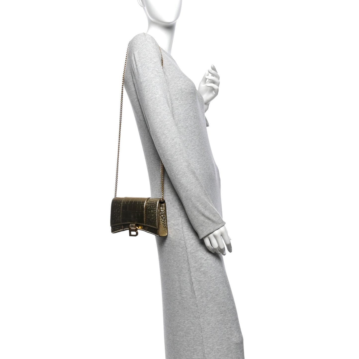 Metallic Calfskin Crocodile Embossed Hourglass Chain Bag Gold