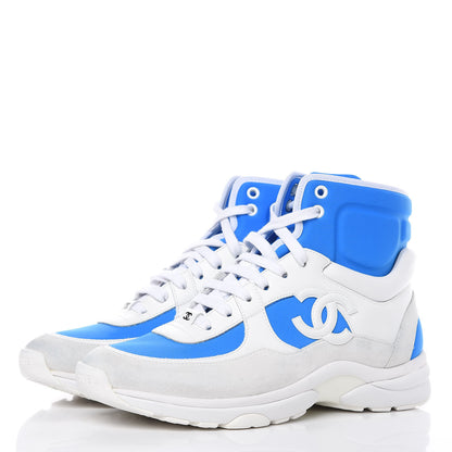 Chanel Suede Calfskin Lambskin High Top CC Sneakers 39 White Blue 2 of 10