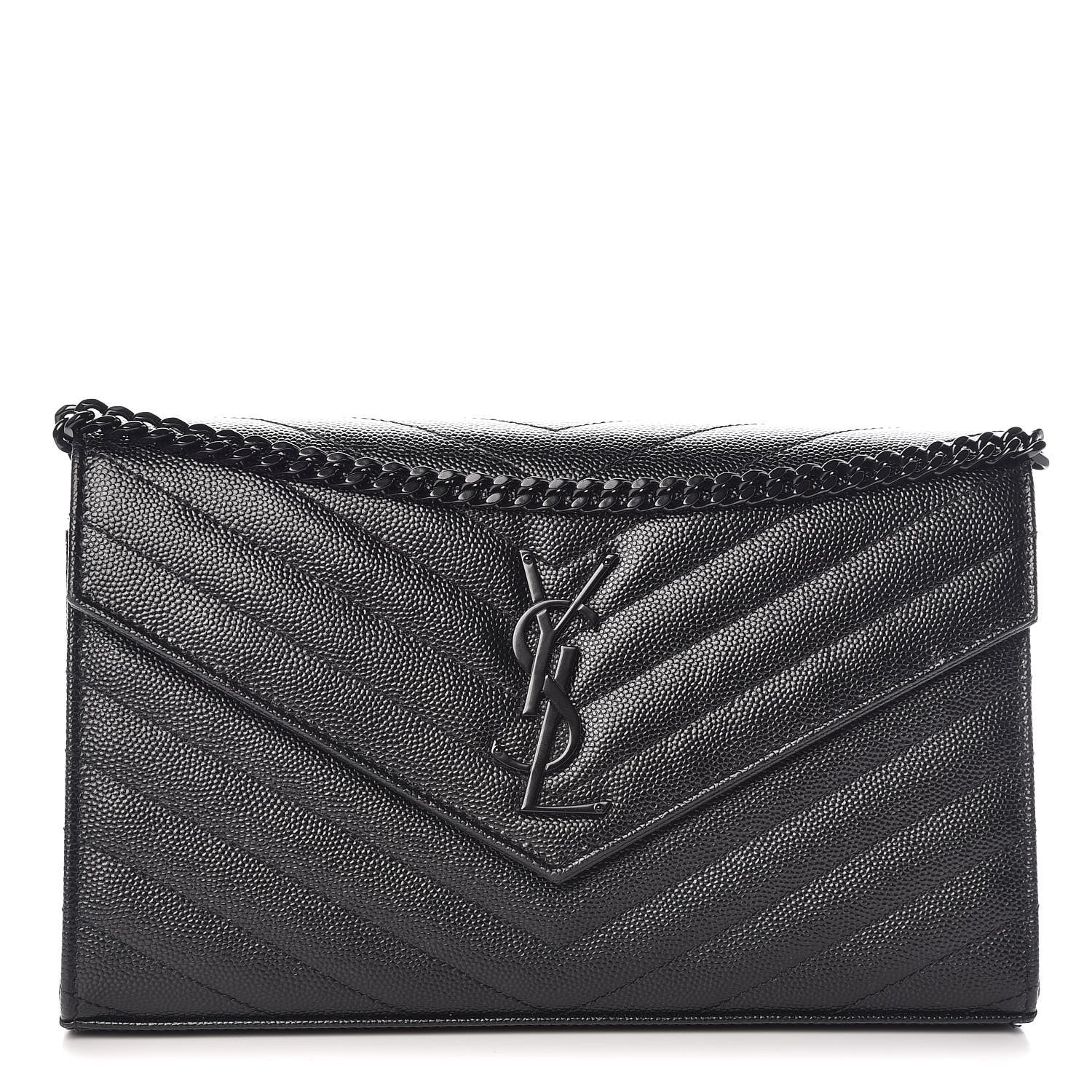 Saint Laurent Grain De Poudre Matelasse Chevron Monogram Chain Wallet Black 1 of 10