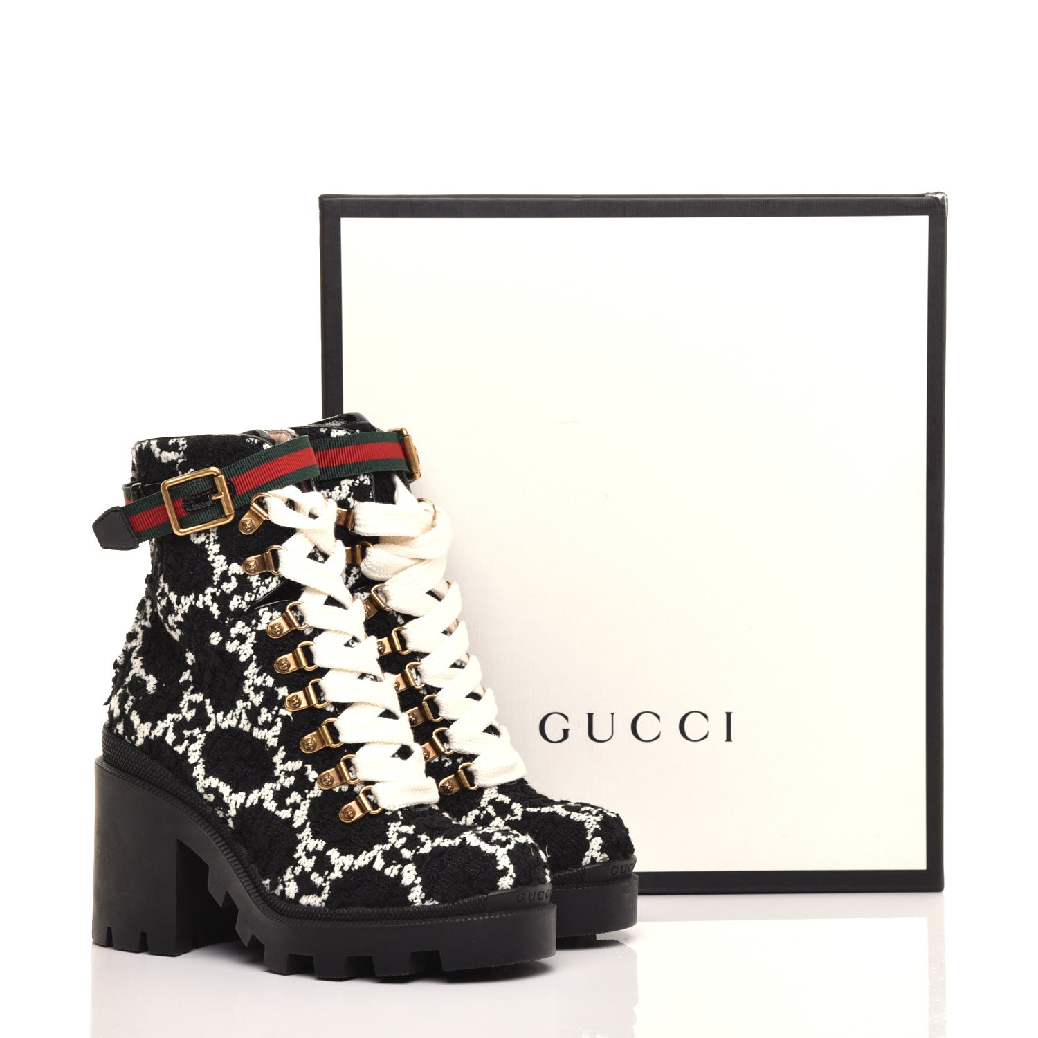 Gucci Tweed GG Monogram Lace Up Combat Ankle Boots 36 Black 9 of 9