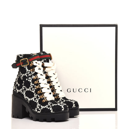 Gucci Tweed GG Monogram Lace Up Combat Ankle Boots 36 Black 9 of 9
