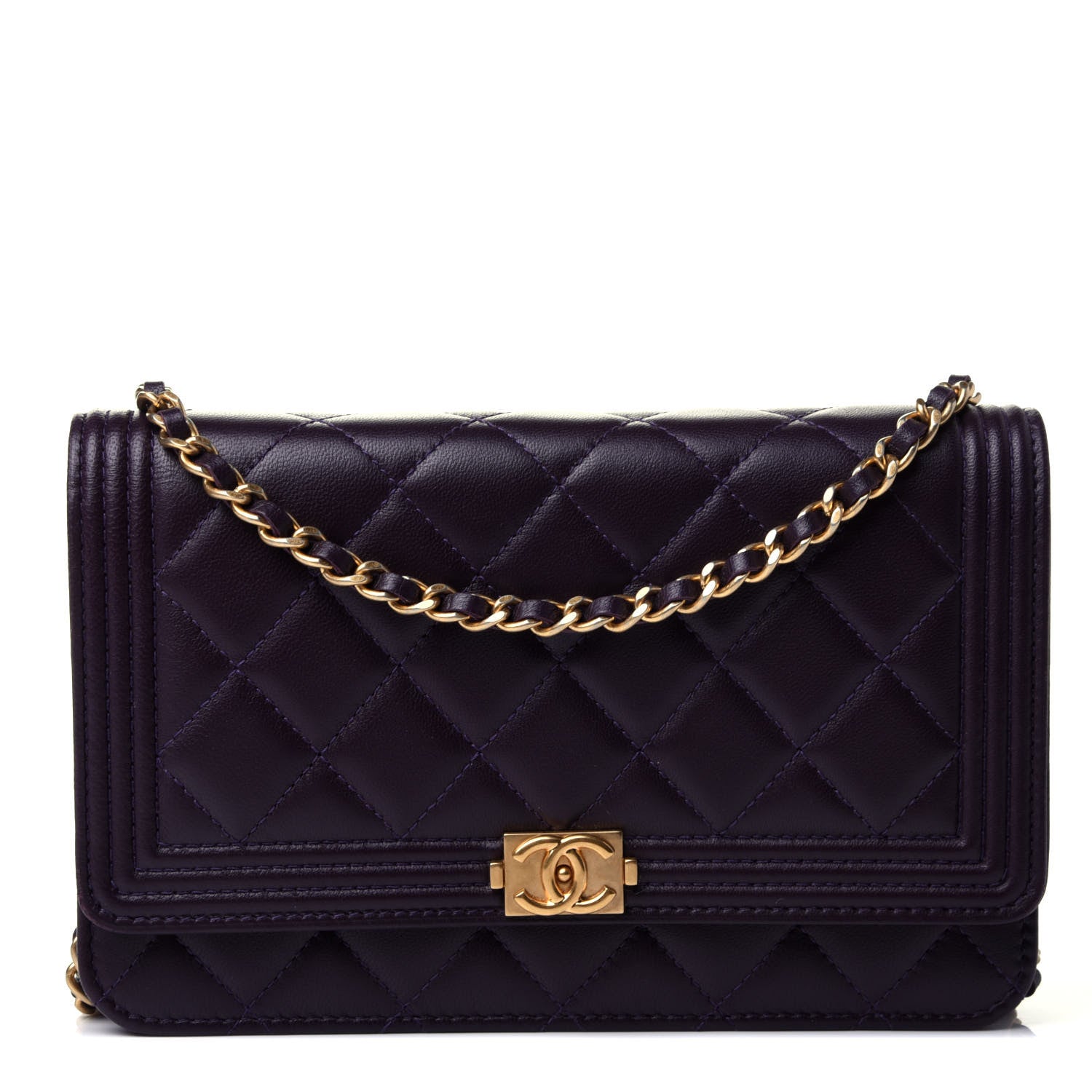 Chanel Lambskin Quilted Boy Wallet On Chain WOC Dark Purple 1 of 4