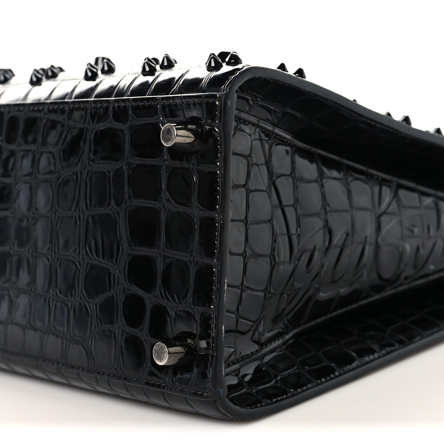 Christian Louboutin Calfskin Crocodile Embossed Studded Medium Paloma S Black 9 of 10