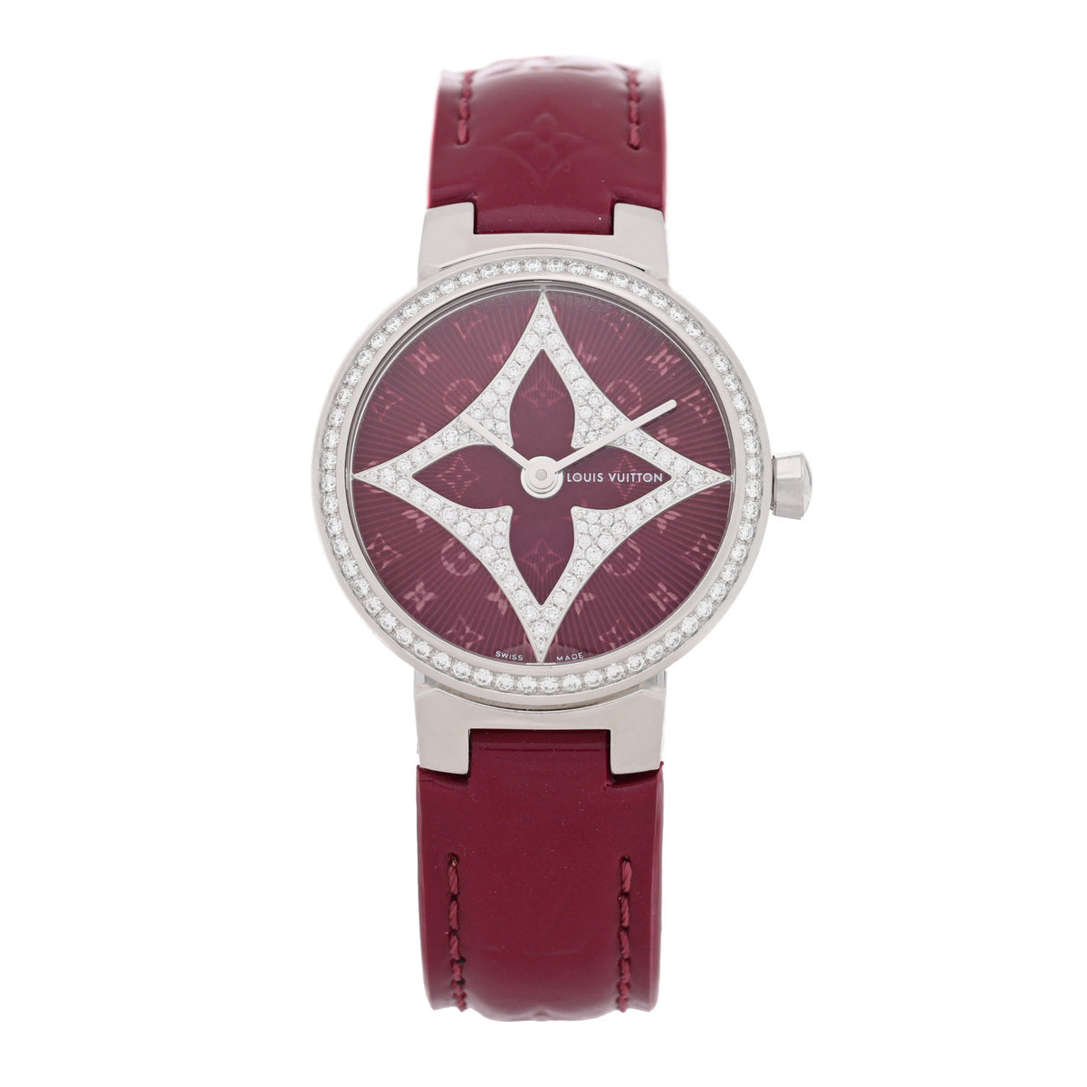 Louis Vuitton Stainless Steel Vernis Diamond 28mm Tambour Slim Quartz Watch Red 1 of 5