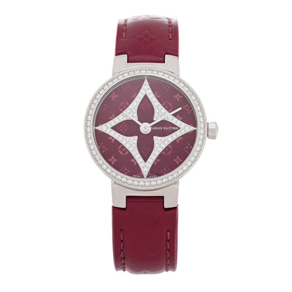 Louis Vuitton Stainless Steel Vernis Diamond 28mm Tambour Slim Quartz Watch Red 1 of 5