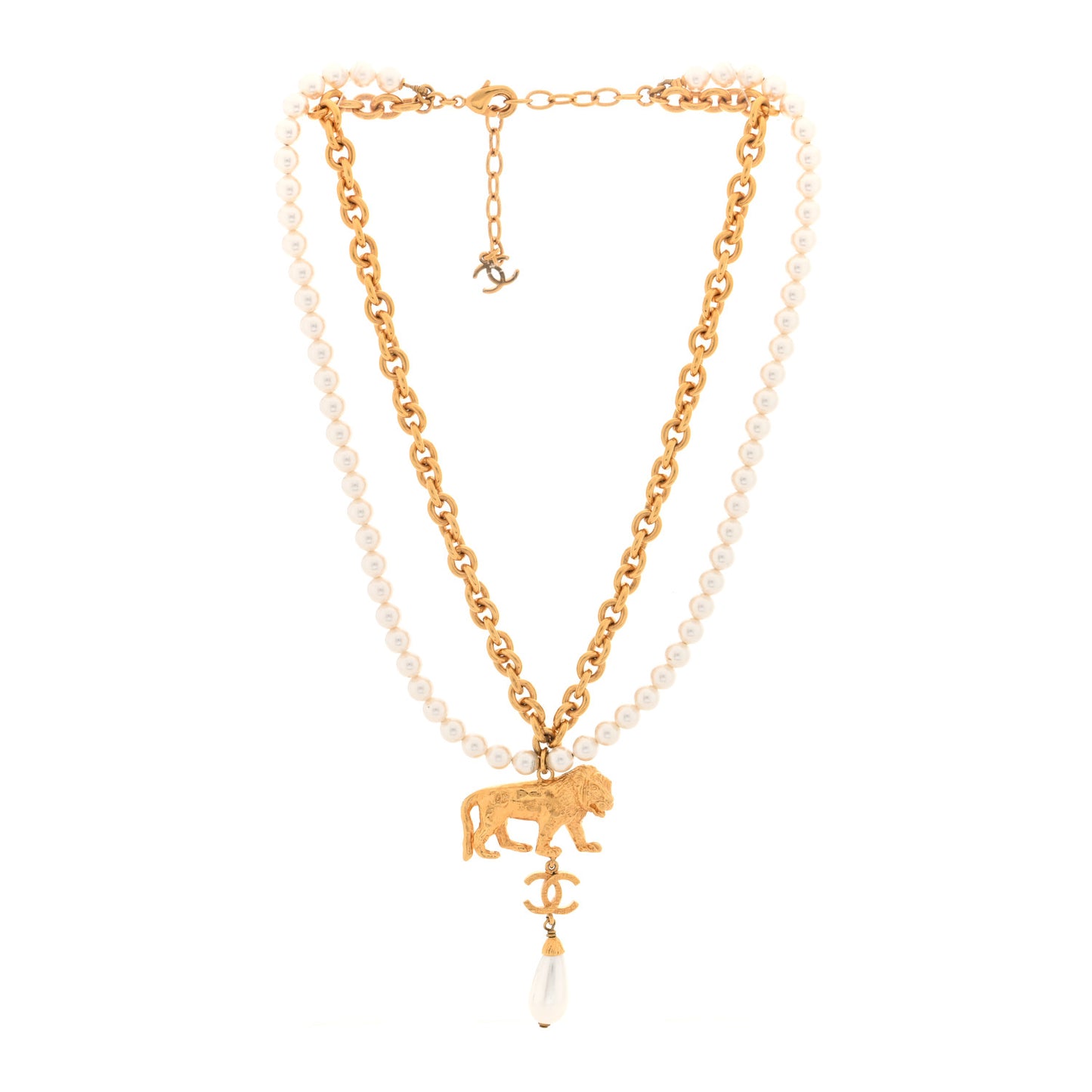 Metal CC Pearl Lion Necklace Gold