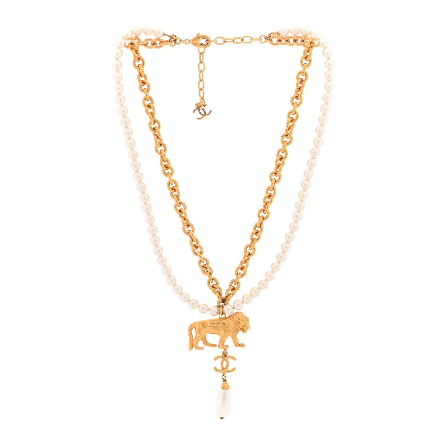 Chanel Metal CC Pearl Lion Necklace Gold 3 of 5
