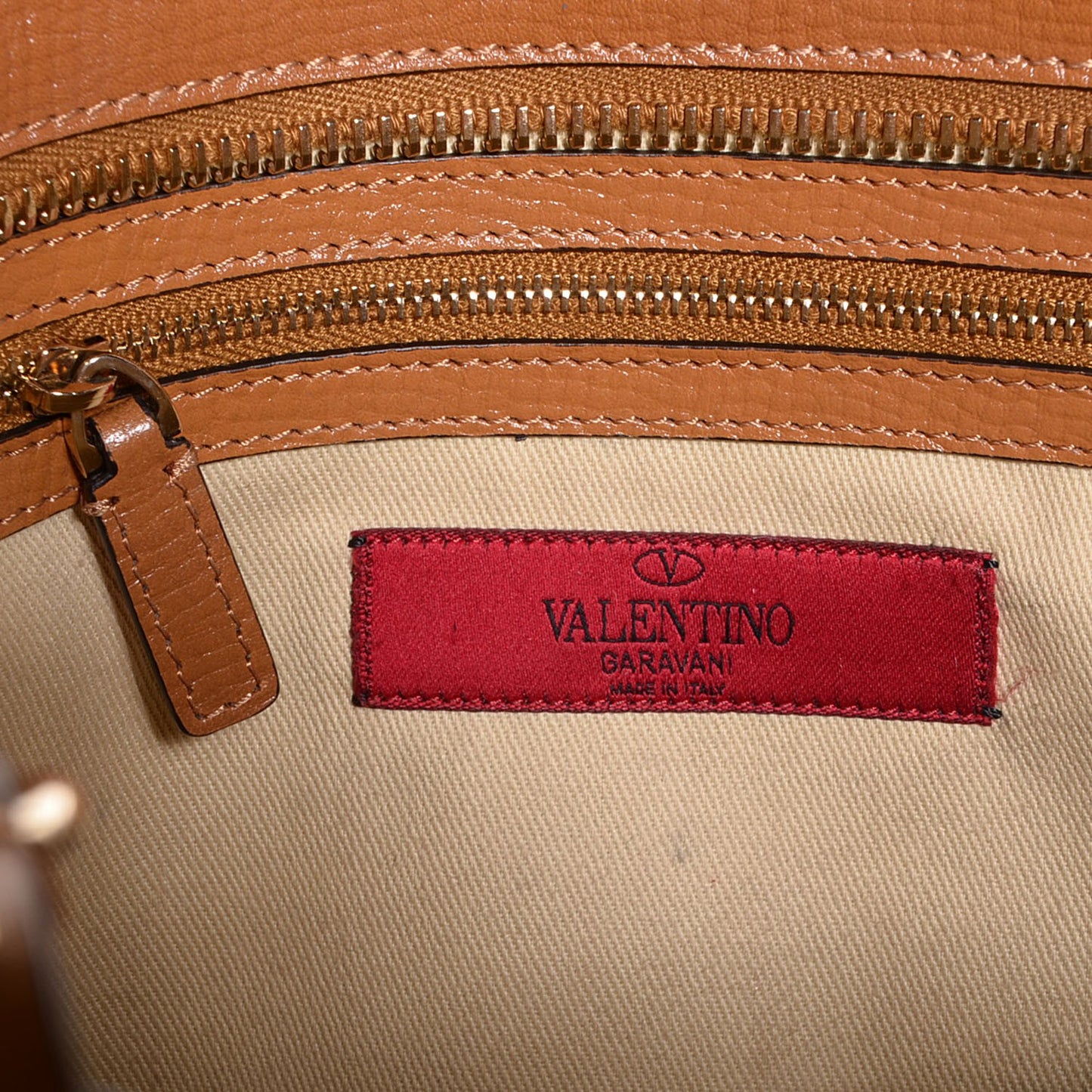 Textured Calfskin Rockstud Double Handle Tote Tan