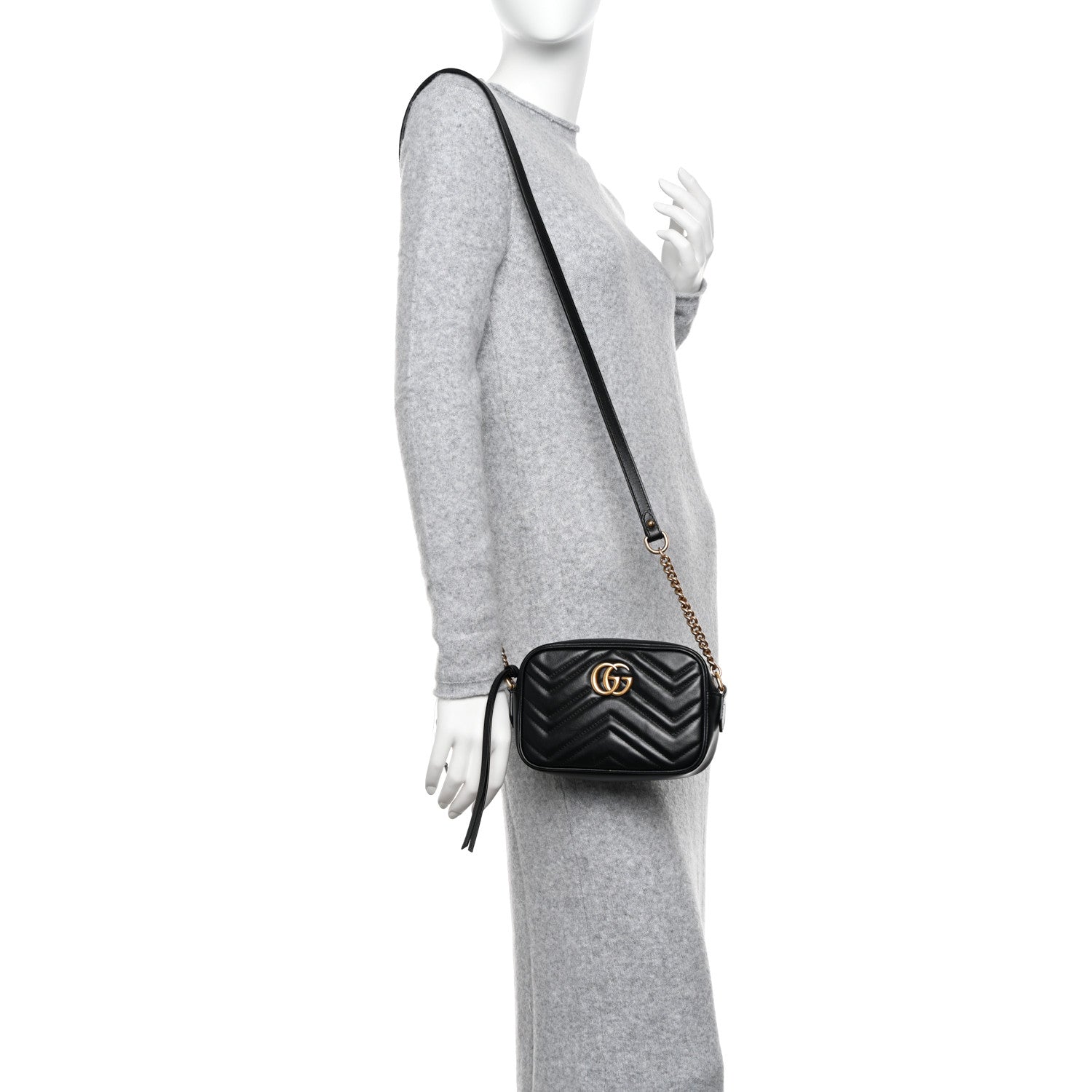 Gucci Calfskin Matelasse Mini GG Marmont Chain Shoulder Bag Black 2 of 11