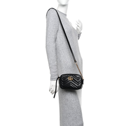 Gucci Calfskin Matelasse Mini GG Marmont Chain Shoulder Bag Black 2 of 11