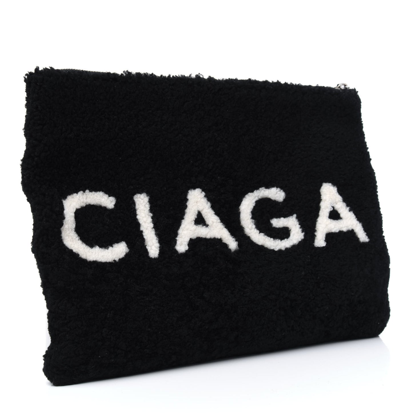 Sheepskin Shearling Contrasted Logo Large Zip Pouch Black