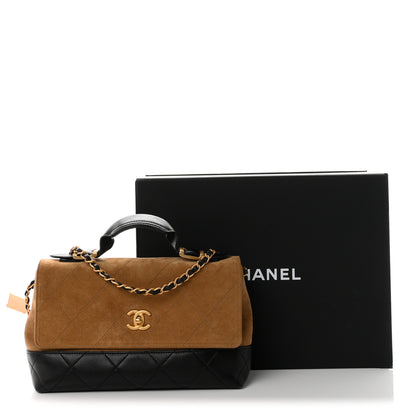 Chanel Suede Calfskin Shiny Lambskin Quilted Coco Base Flap Top Handle Bag Beige Black 12 of 12