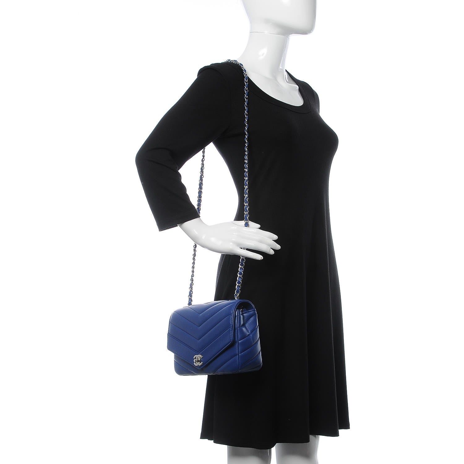 Chanel Caviar Chevron Quilted Medium Single Flap Blue 2 of 9