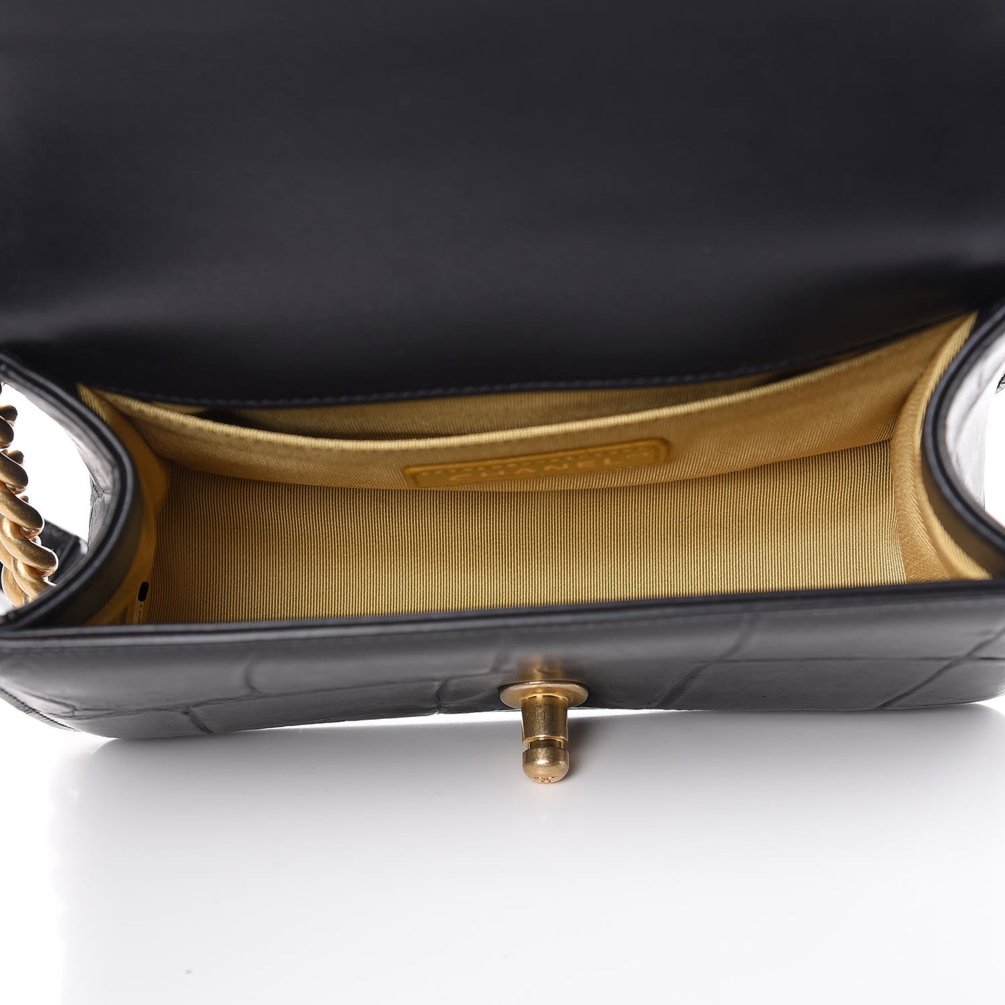 Calfskin Crocodile Embossed Graffiti Small Cocodile Boy Flap Black Gold