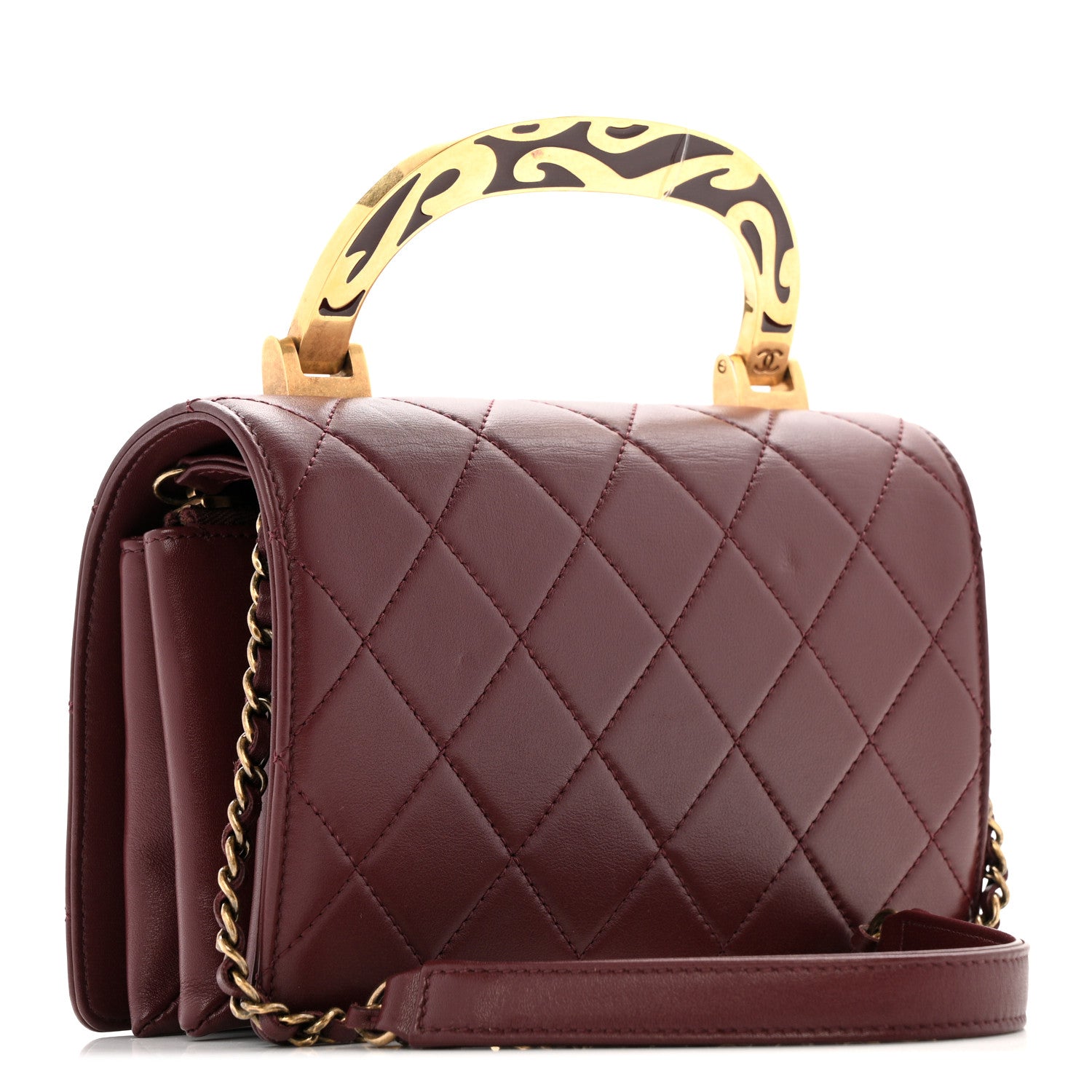 Chanel Iridescent Sheepskin Quilted Enamel Top Handle Bag Burgundy
