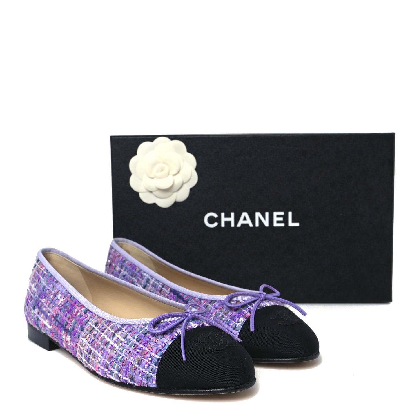 Tweed Grosgrain Cap Toe Ballerina Flats 38.5 Purple Black
