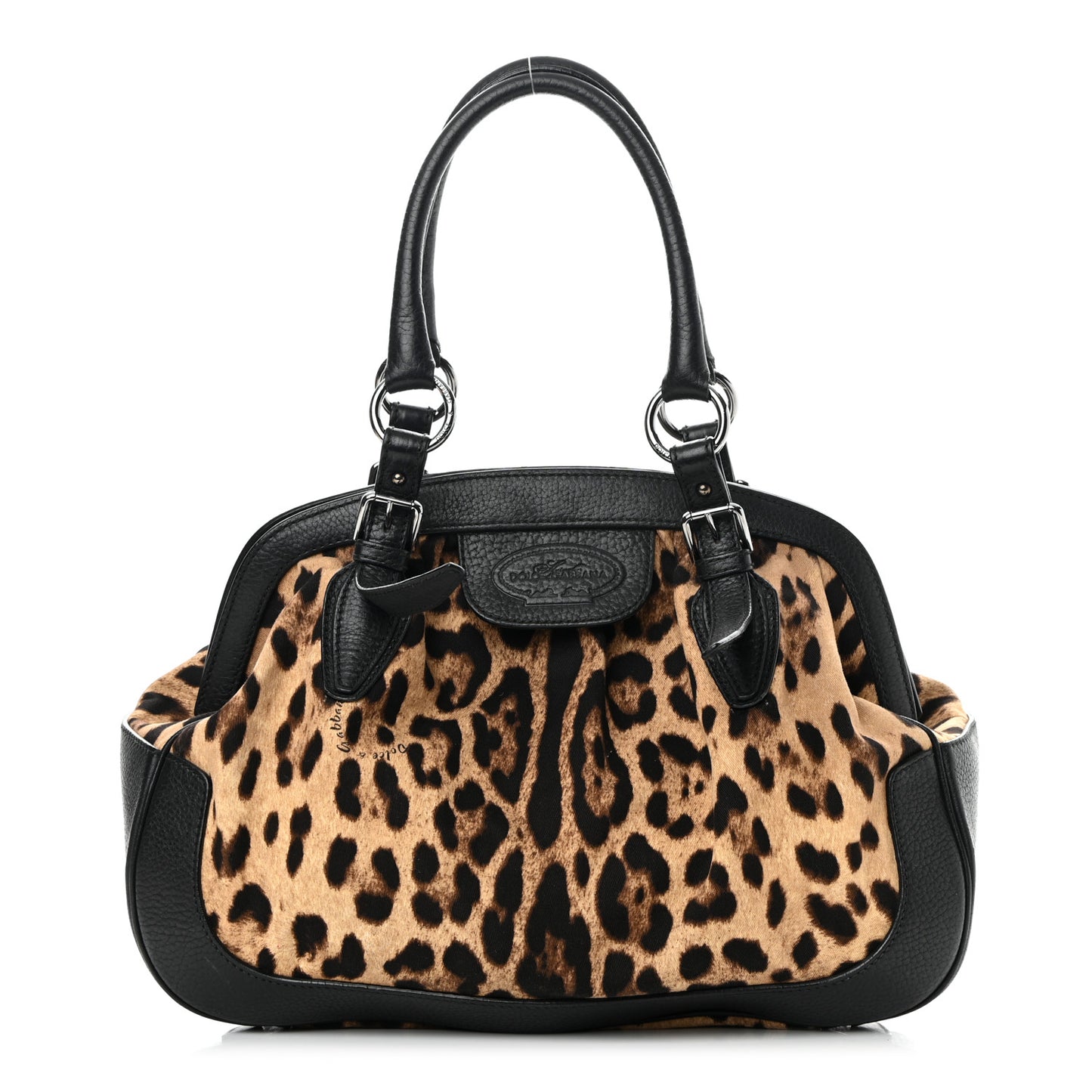 Calfskin Canvas Leopard Print Animalier Shoulder Bag Black