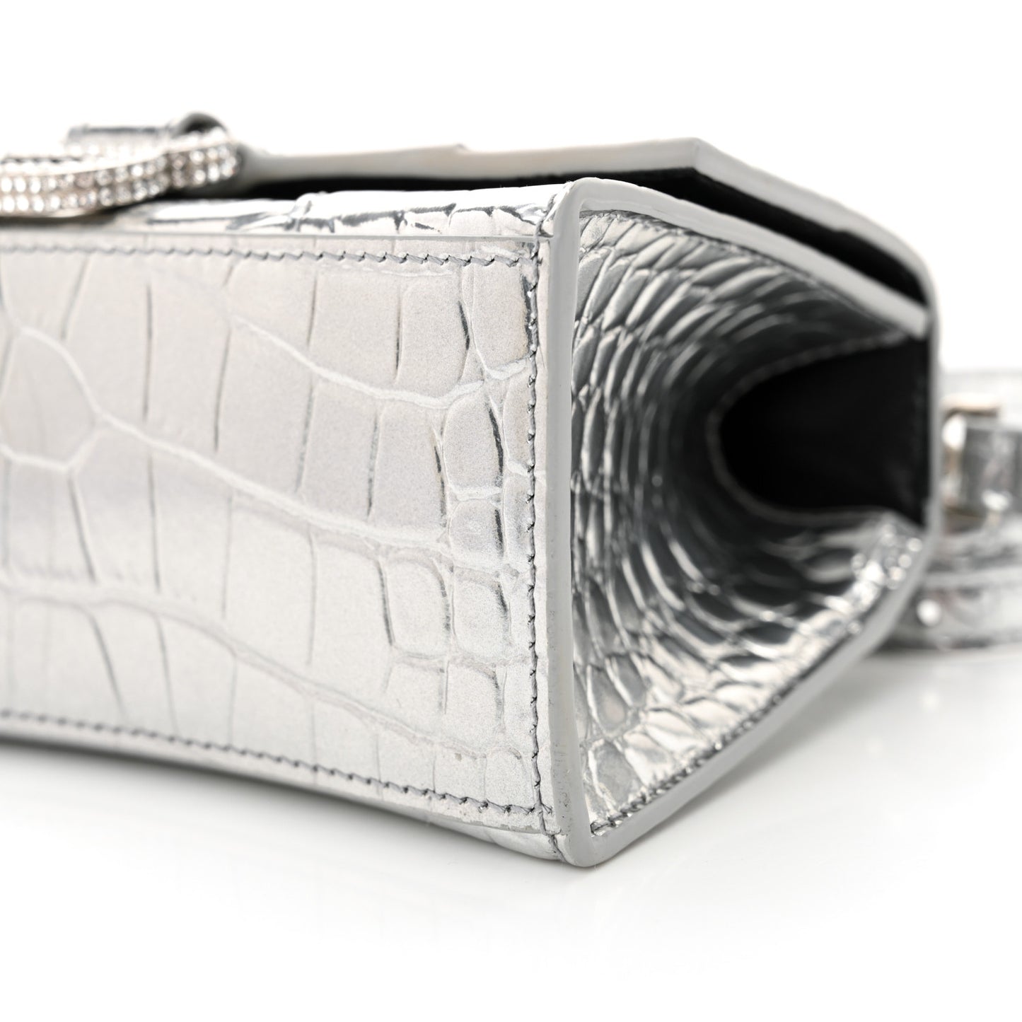 Metallic Calfskin Crocodile Embossed Crystal Hourglass Top Handle Bag XS Silver