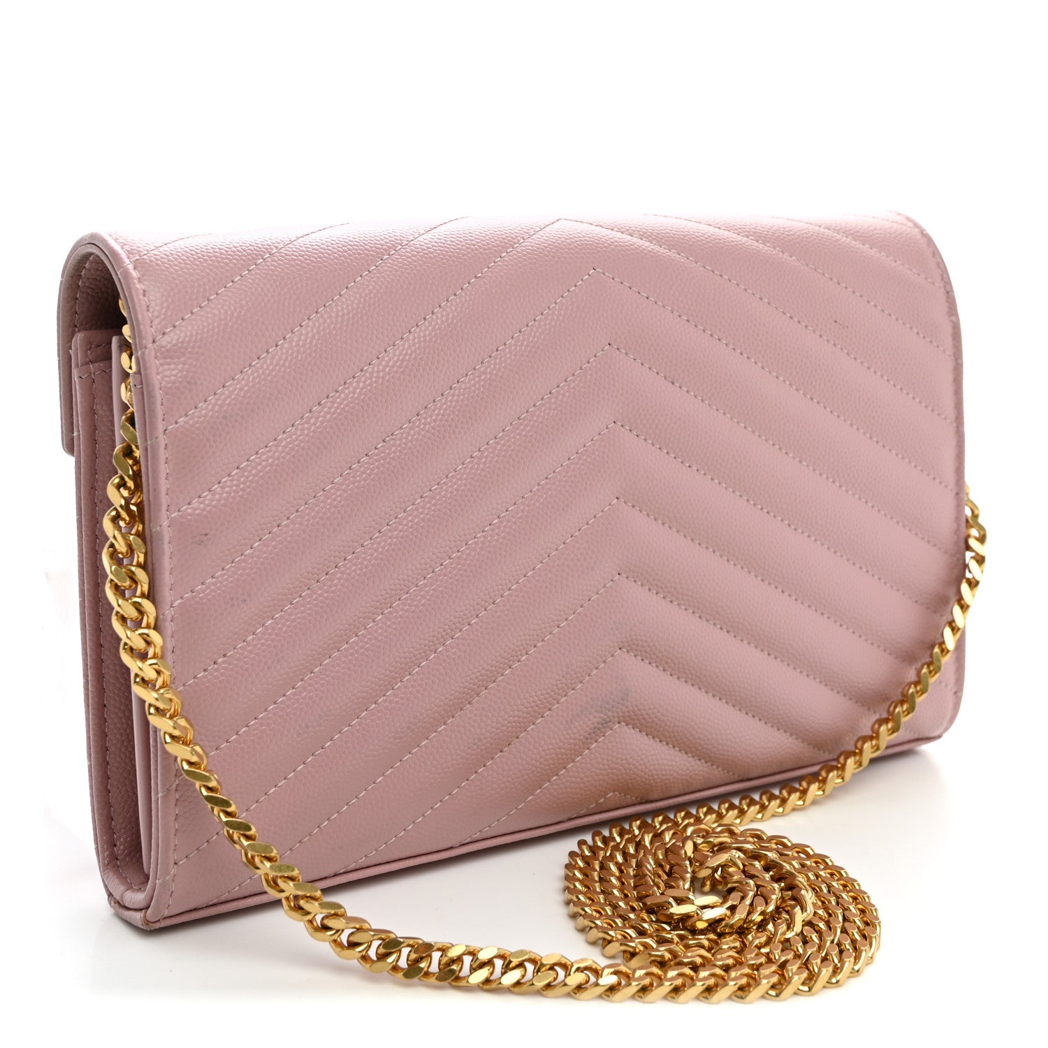 Saint Laurent Grain De Poudre Matelasse Chevron Monogram Chain Wallet Tender Pink 3 of 10