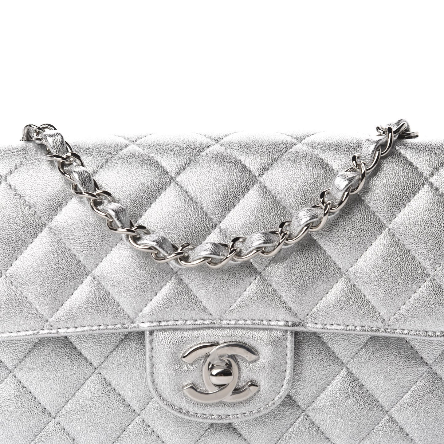 Metallic Lambskin Quilted Mini Rectangular Flap Silver