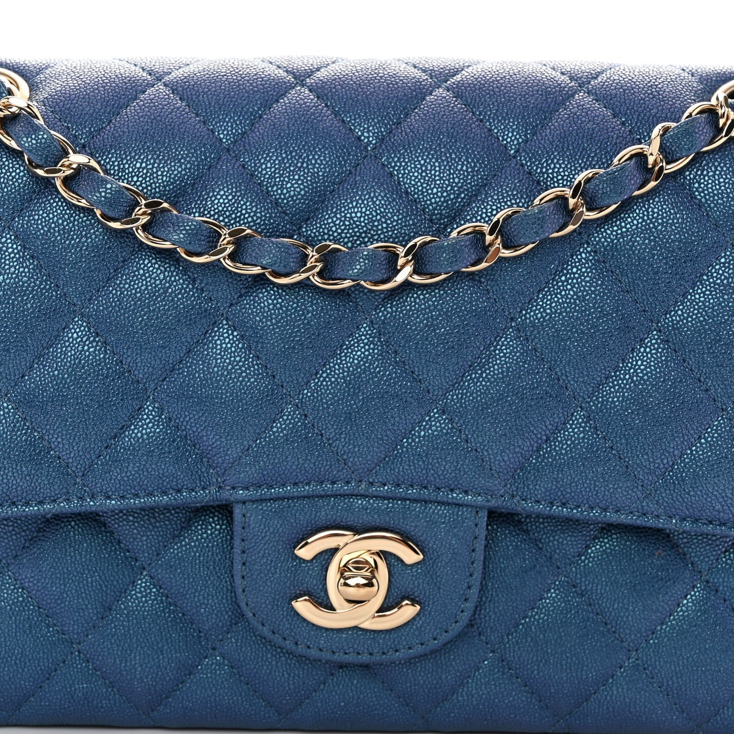 Iridescent Caviar Quilted Medium Double Flap Dark Blue