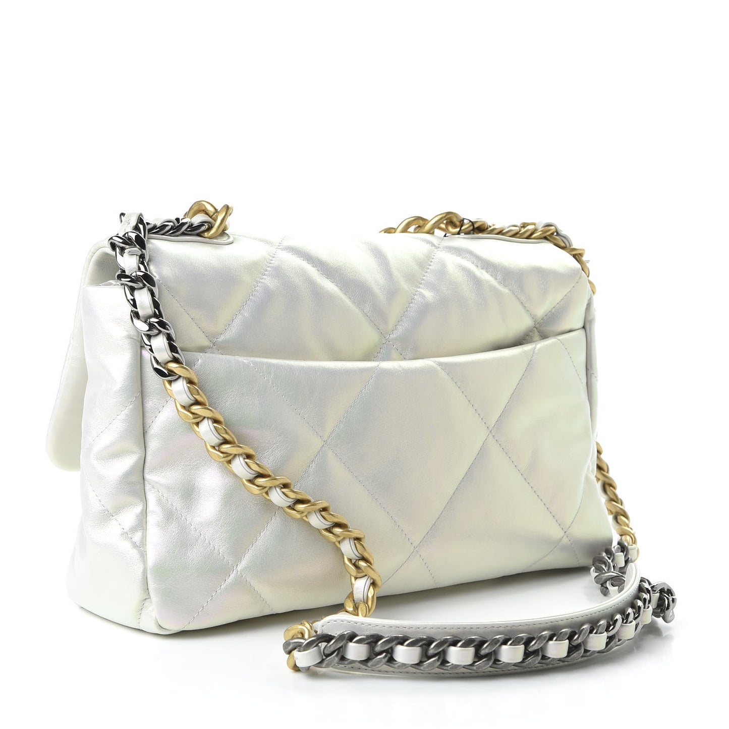 Iridescent Calfskin Quilted Large 19 Flap White