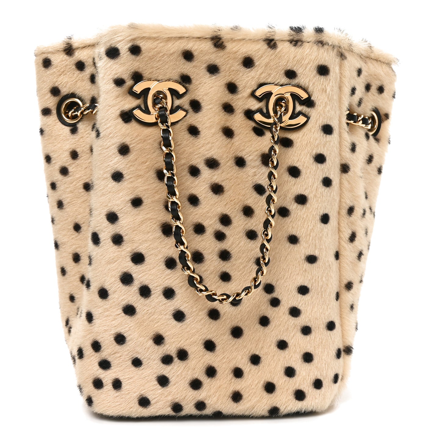 Pony Hair Cheetah Printed CC Chain Bucket Bag Light Beige Black