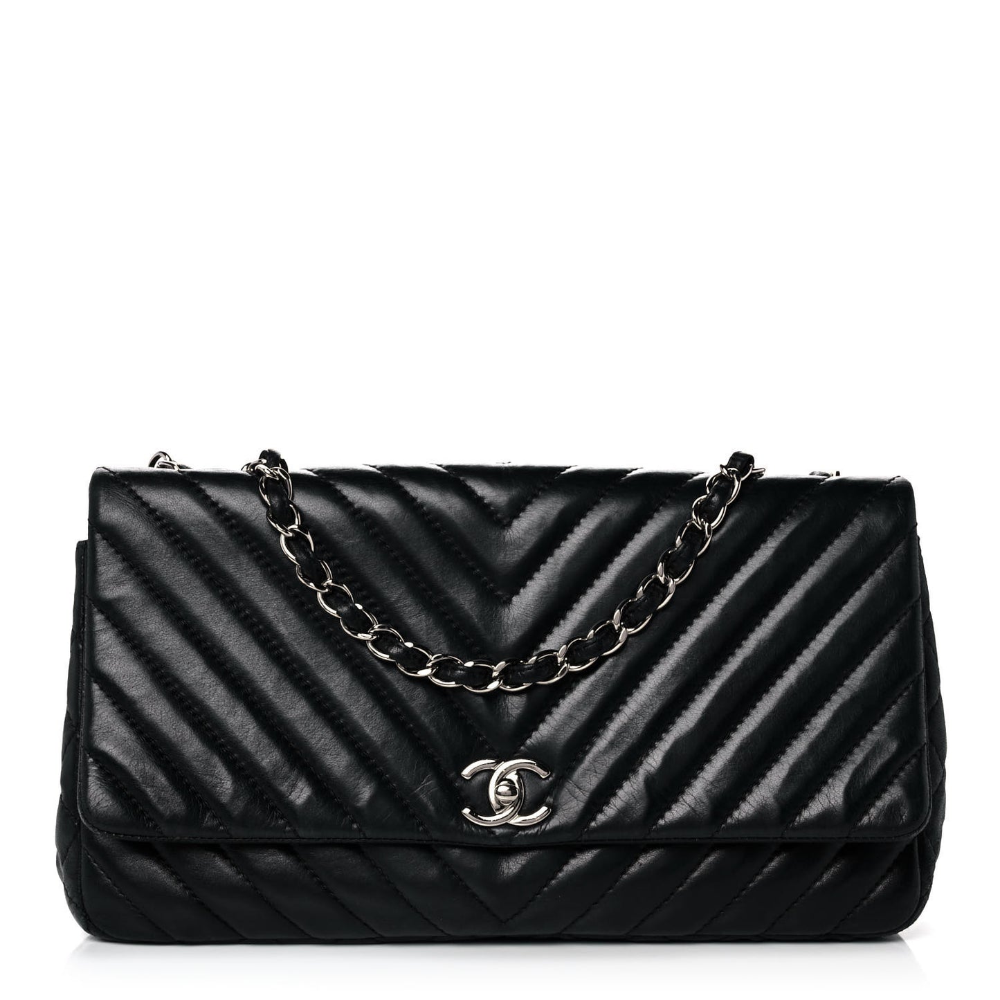Lambskin Chevron Quilted Single Flap Black