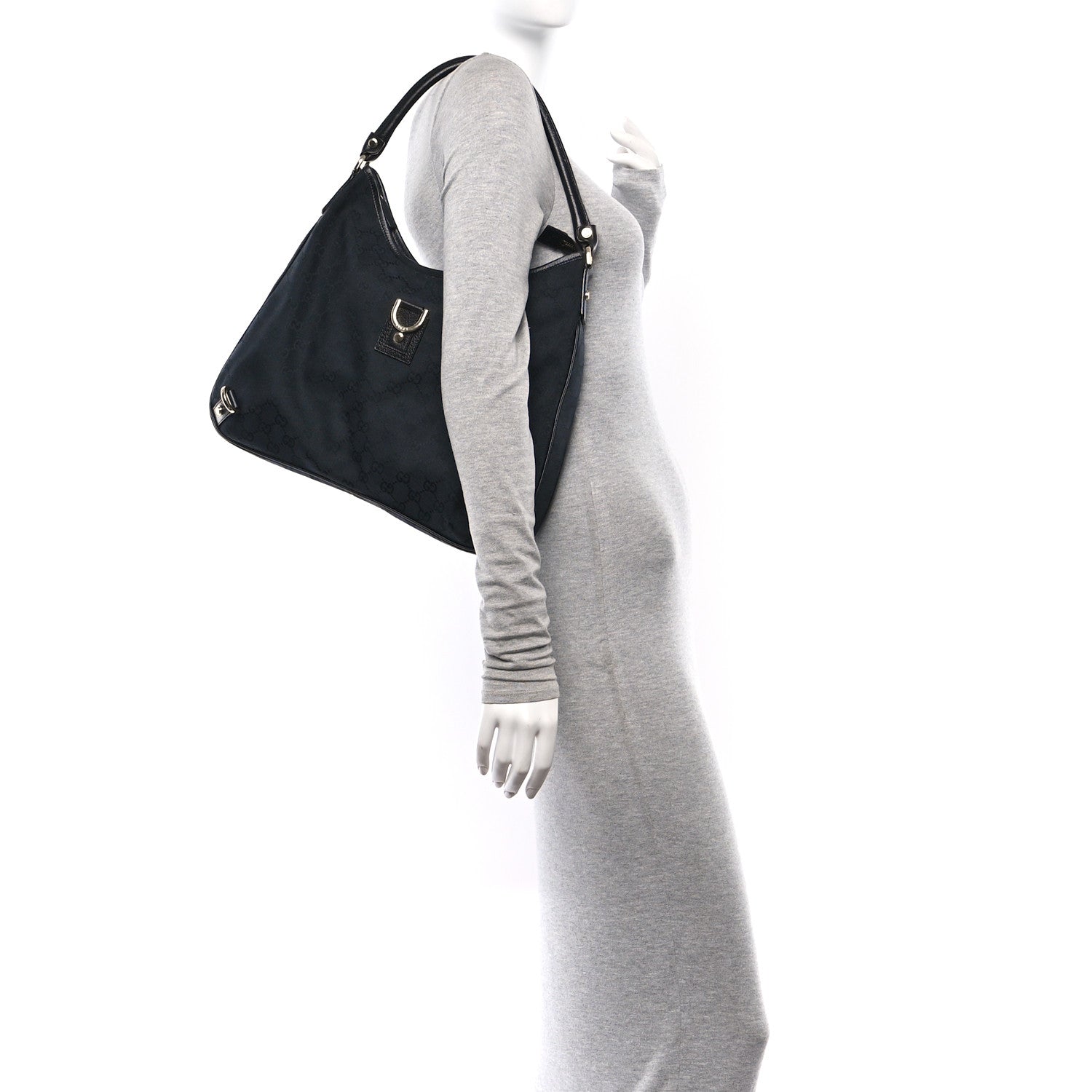 Gucci Denim Monogram Abbey D Ring Hobo Black 2 of 13