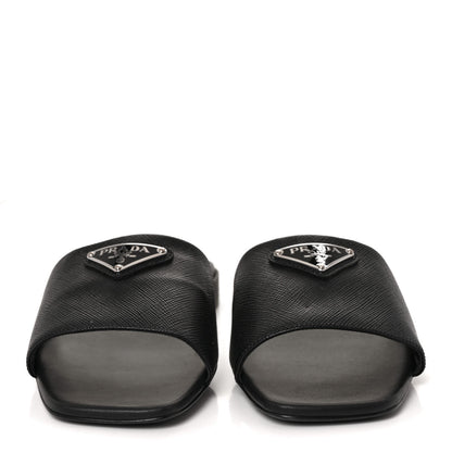 Prada Saffiano Metal Triangle Logo 10mm Slide Sandals 35 Black 2 of 7