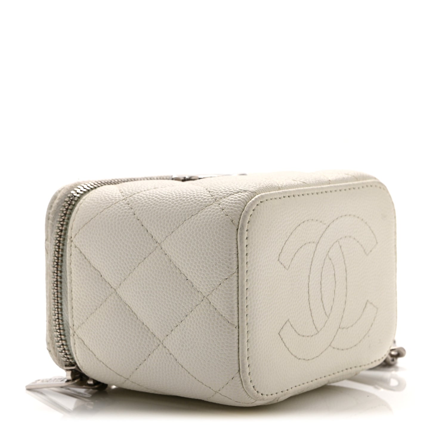 Caviar Quilted Enamel Coco Mini Vanity Case With Chain White